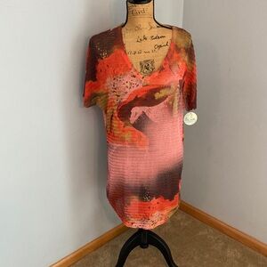 NWT One World Coral & Brown V-Neck Swim Cover-Up Dress Women Size Small